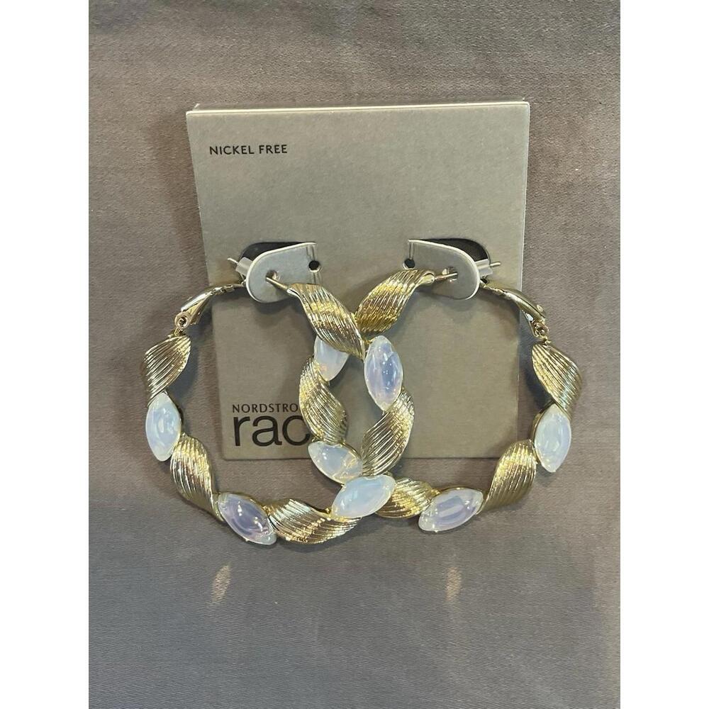 NWT Nordstrom Rack Gold Tone Twisted Metal & Rhinestone Hoop Earrings #1423
